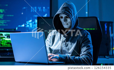 Hacker is working at the computer with police nearby, dramatic moment 126154335