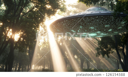 Alien spaceship hovering above misty forest landscape at dawn, conceptual background 126154388
