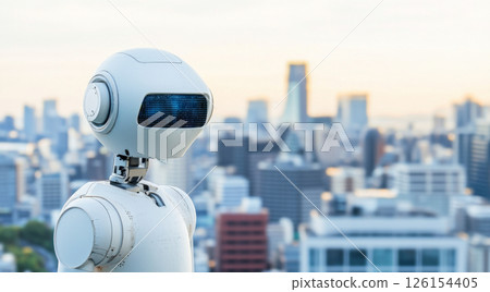Futuristic AI robot against city skyline at sunset, concept of technology and future 126154405