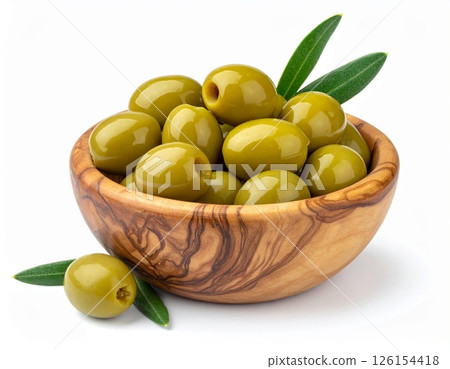 Wooden bowl of fresh green olives over white background 126154418