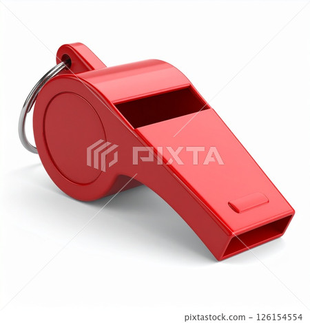 Red plastic sports whistle over white background 126154554