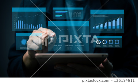 Futuristic virtual dashboard tracking economic trends and financial growth. Business graph and chart intelligence dashboard displaying data analytics. Digital transformation technology 126154611