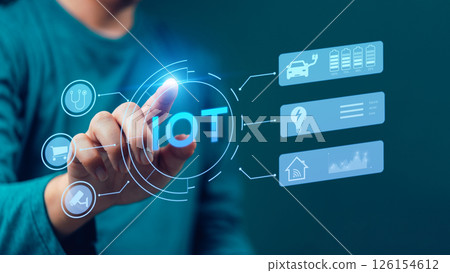 Internet of Things technology connecting smart devices for automation. Businessman interacting with IoT applications, smart home, and digital automation. solutions optimizing, energy management. 126154612
