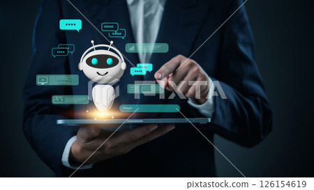 businessman interacting with a digital chatbot on a tablet, symbolizing artificial intelligence, automated customer service, and AI-powered communication. 126154619