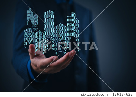 Futuristic real estate concept showing businessman with holographic skyscrapers and virtual buildings, perfect for smart city and business growth topics. Futuristic real estate concept showing businessman with holographic skyscrapers and virtual buildings, perfect for smart city and business growth topics. 126154622