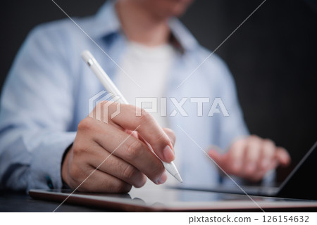 Digital pen usage on touch screen, online approval, paperless document, smart tech, remote working and electronic signature interface concept. 126154632