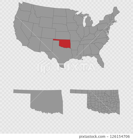 Oklahoma map set with USA location, clean outline, and full county breakdown. 126154706