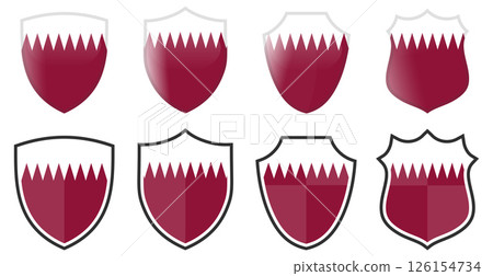 Vertical Qatar flag in shield shape, four 3d and simple versions. Vertical Qatar flag in shield shape, four 3d and simple versions. 126154734