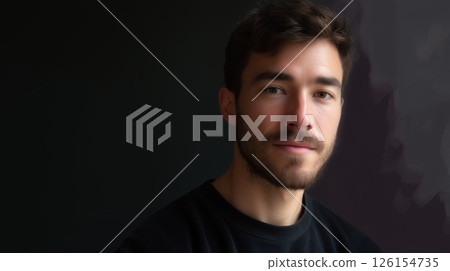 Young man with beard poses for a portrait against a dark background in a well-lit indoor setting Young man with beard poses for a portrait against a dark background in a well-lit indoor setting 126154735