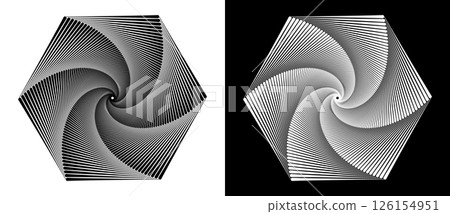Abstract background with halftone hexagon. Art design spiral logo or icon. A black figure on a white background and an equally white figure on the black side. 126154951