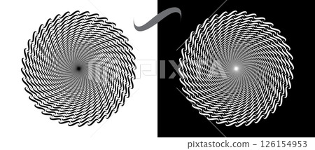 Modern abstract background. Waves in circle form. Spiral logo or icon, design element. Black shape on a white background and the same white shape on the black side. Modern abstract background. Waves in circle form. Spiral logo or icon, design element. Black shape on a white background and the same white shape on the black side. 126154953
