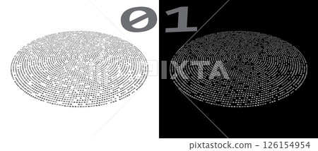 Abstract digits ONE and ZERO in oval with perspective. Big data or internet concept. A black figure on a white background and an equally white figure on the black side. Abstract digits ONE and ZERO in oval with perspective. Big data or internet concept. A black figure on a white background and an equally white figure on the black side. 126154954