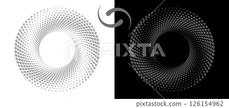 Modern abstract background. Waves in circle form. Spiral logo or icon, design element. Black shape on a white background and the same white shape on the black side. 126154962