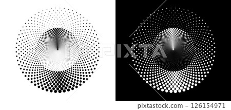 Modern abstract background. Halftone dots in circle form. Round logo. Vector dotted frame. Design element or icon. Black shape on a white background and the same white shape on the black side. 126154971