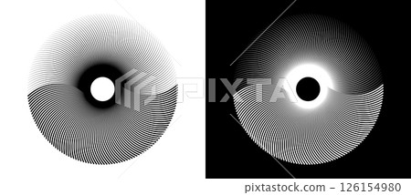 Lines in circle abstract background. Sun cocept. Black shape on a white background and the same white shape on the black side. 126154980