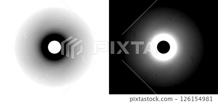 Lines in circle abstract background. Sun cocept. Black shape on a white background and the same white shape on the black side. Lines in circle abstract background. Sun cocept. Black shape on a white background and the same white shape on the black side. 126154981