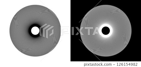 Lines in circle abstract background. Sun cocept. Black shape on a white background and the same white shape on the black side. 126154982
