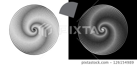 Modern abstract background with halftone circle sectors in circle form. Round logo. Black shape on a white background and the same white shape on the black side. 126154989