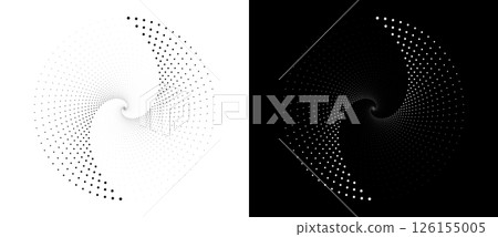 Modern abstract background. Halftone dots in circle form. Spiral logo, icon or design element. Black dots on a white background and white dots on the black side. Modern abstract background. Halftone dots in circle form. Spiral logo, icon or design element. Black dots on a white background and white dots on the black side. 126155005