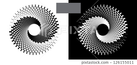 Halftone circles with rectangles. Abstract creative spiral like icon, logo, tattoo. Black shape on a white background and the same white shape on the black side. Halftone circles with rectangles. Abstract creative spiral like icon, logo, tattoo. Black shape on a white background and the same white shape on the black side. 126155011