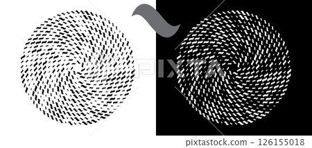 Modern abstract background. Waves in circle form. Spiral logo or icon, design element. Black shape on a white background and the same white shape on the black side. 126155018