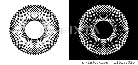 Modern abstract background. Halftone dots in circle form. Round logo. Vector dotted frame. Design element or icon. Black shape on a white background and the same white shape on the black side. Modern abstract background. Halftone dots in circle form. Round logo. Vector dotted frame. Design element or icon. Black shape on a white background and the same white shape on the black side. 126155020