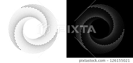 Modern abstract background. Halftone dots in circle form. Spiral logo, icon or design element. Black dots on a white background and white dots on the black side. 126155021