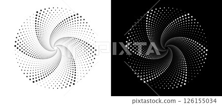 Modern abstract background. Halftone dots in circle form. Spiral logo, icon or design element. Black dots on a white background and white dots on the black side. Modern abstract background. Halftone dots in circle form. Spiral logo, icon or design element. Black dots on a white background and white dots on the black side. 126155034