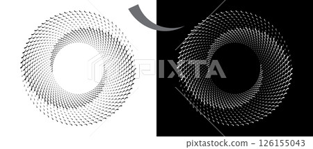 Modern abstract background. Waves in circle form. Spiral logo or icon, design element. Black shape on a white background and the same white shape on the black side. 126155043