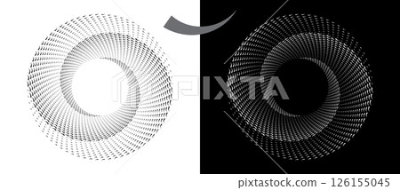 Modern abstract background. Waves in circle form. Spiral logo or icon, design element. Black shape on a white background and the same white shape on the black side. 126155045