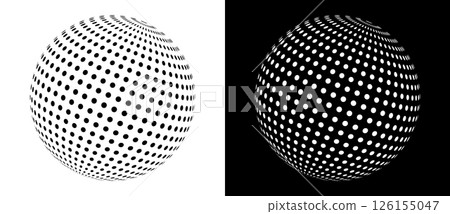 Globe planet concept with dots. Art design as icon or logo. Black shape on a white background and the same white shape on the black side. Globe planet concept with dots. Art design as icon or logo. Black shape on a white background and the same white shape on the black side. 126155047
