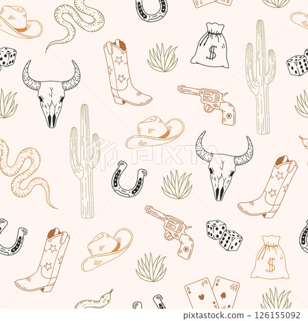 Seamless pattern with cowboy boot, hat and cacti on light background. Hand drawn vector illustration for wrapping paper, textile, fabric. Seamless pattern with cowboy boot, hat and cacti on light background. Hand drawn vector illustration for wrapping paper, textile, fabric. 126155092