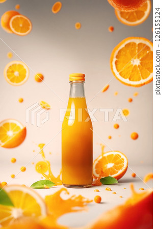 Vibrant shot of an orange juice bottle amidst splashes and falling oranges with slices. Highlights the freshness and juicy nature of the drink. Vibrant shot of an orange juice bottle amidst splashes and falling oranges with slices. Highlights the freshness and juicy nature of the drink. 126155124
