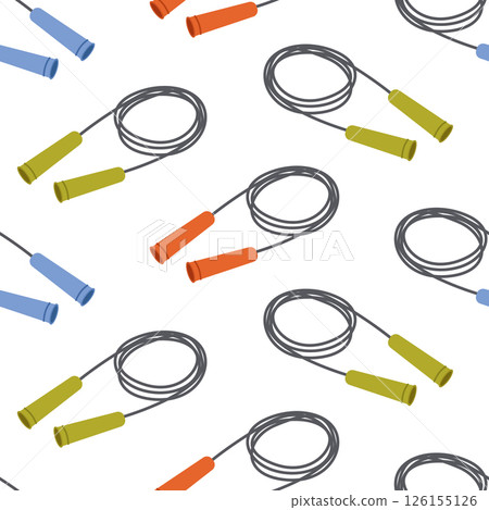 Seamless pattern with colorful jump ropes on white background. Green, blue and orange skipping ropes. Fitness and sport equipment. Tool for exercises, cardio training. Vector flat illustration Seamless pattern with colorful jump ropes on white background. Green, blue and orange skipping ropes. Fitness and sport equipment. Tool for exercises, cardio training. Vector flat illustration 126155126