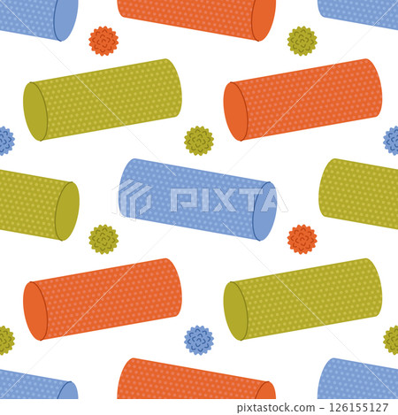 Seamless pattern with colorful massage foam rollers and balls on white background. Green, blue and orange myofascial release equipment. MFR. Fascia and muscle relaxation. Vector flat illustration 126155127