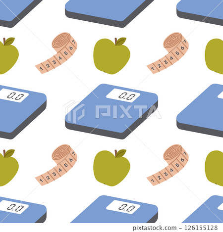 Seamless pattern with electronic floor scales, tape measure and apple on white background. Weight loss and diet. Obesity or overweight control. Healthy lifestyle and fitness. Vector flat illustration Seamless pattern with electronic floor scales, tape measure and apple on white background. Weight loss and diet. Obesity or overweight control. Healthy lifestyle and fitness. Vector flat illustration 126155128