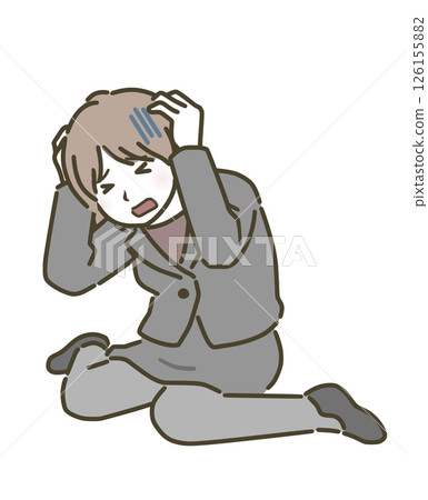 一位年輕女子（穿著西裝）雙手抱頭坐著 126155882