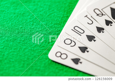 poker combination straight flush, fifth, spades from eight to queen, selective focus poker combination straight flush, fifth, spades from eight to queen, selective focus 126156009