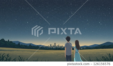 Under the night sky: Two people looking up at the stars 126156576