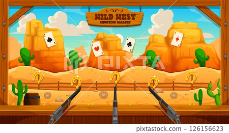 Wild West carnival cowboy shoot game or Western amusement park shooting range, vector. Funfair carnival shooting gallery with cactus, horseshoe and cards for kids Western shoot game Wild West carnival cowboy shoot game or Western amusement park shooting range, vector. Funfair carnival shooting gallery with cactus, horseshoe and cards for kids Western shoot game 126156623
