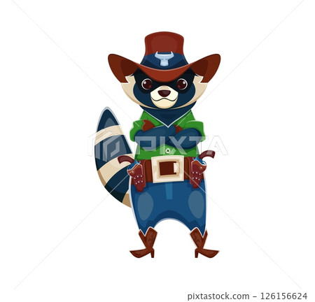 Cartoon raccoon cowboy, animal sheriff character or Wild West bandit robber, vector personage. Raccoon in Western cowboy hat with revolver guns in bandoleer for Texas ranger bandit animal character 126156624
