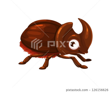 Cartoon funny rhinoceros beetle insect character. Isolated vector smiling rhinoceros beetle with large horns, fun and friendly personage for children education, nature themes and kid books 126156626