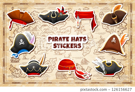 Pirate tricorn hats and bandanas stickers pack on treasure map, cartoon vector set. Pirate cocked hats, corsair bandanas and Caribbean sailors tricorns with Jolly Roger skull crossbones on island map Pirate tricorn hats and bandanas stickers pack on treasure map, cartoon vector set. Pirate cocked hats, corsair bandanas and Caribbean sailors tricorns with Jolly Roger skull crossbones on island map 126156627