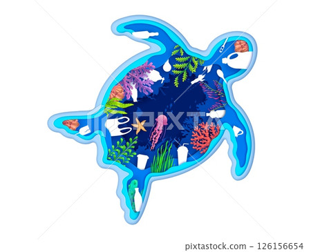 Save the ocean paper cut turtle silhouette with plastic waste and underwater landscape, vector banner. Save ocean, stop water pollution for sea or ocean ecology conservation from plastic waste 126156654