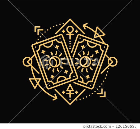 Esoteric Tarot cards line symbol of magic astrology for mystic Boho tattoo, vector mystery sign. Tarot cards with esoteric symbols of occultism and mystery, sun and moon with magic line ornaments 126156655