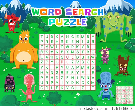 Word search puzzle game quiz with cartoon funny monster characters. Vector educational worksheet with letters and silly fantasy creatures. Entertaining logic game for kids with crossword color task 126156660