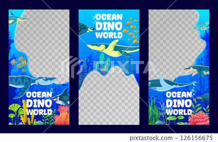 Ocean dino world flyer templates with prehistoric underwater dinosaurs and reptiles, vector banners. Ocean dinosaurs flyer templates for social media with prehistoric sea dinosaurs and aquatic lizards 126156675