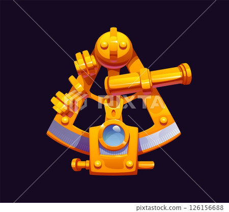 Cartoon sextant with golden arc and compass details. Vector antique nautical navigation tool with rotating parts and engraved lines. Item fantasy pirate icon expressing exploration and star direction Cartoon sextant with golden arc and compass details. Vector antique nautical navigation tool with rotating parts and engraved lines. Item fantasy pirate icon expressing exploration and star direction 126156688