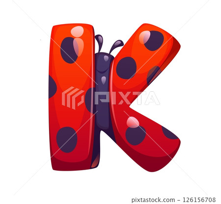 Ladybug insect cartoon font letter K. Spring lady bug kids ABC typeface sign, cute ladybird vector font element. Red ladybug beetle cartoon type symbol or English alphabet typeset letter Ladybug insect cartoon font letter K. Spring lady bug kids ABC typeface sign, cute ladybird vector font element. Red ladybug beetle cartoon type symbol or English alphabet typeset letter 126156708