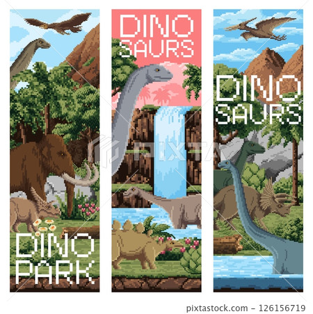 8 bit pixel art prehistoric dinosaurs in Jurassic dino park with lizards and reptiles, vector banners. Dinosaurs in jungle forest or 8bit pixel landscape of mountains and waterfall for kids dino park 126156719